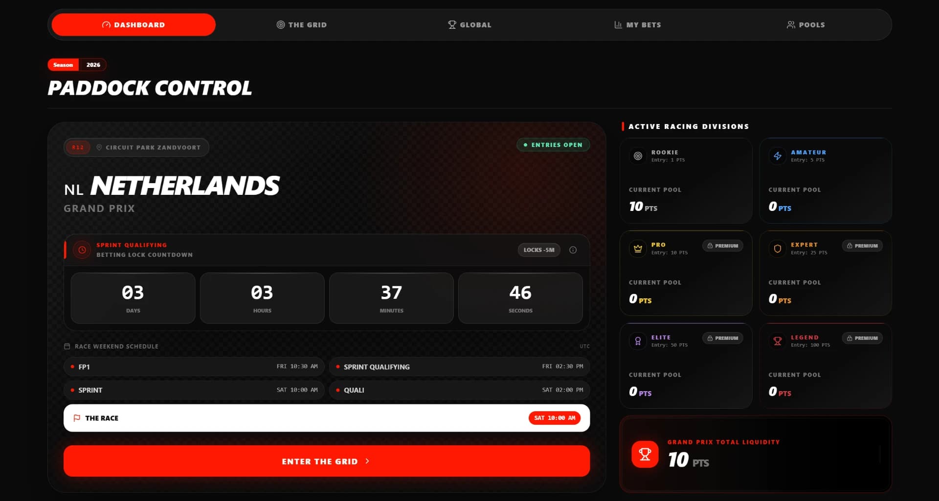 FR1Bet race dashboard with weekend session cards