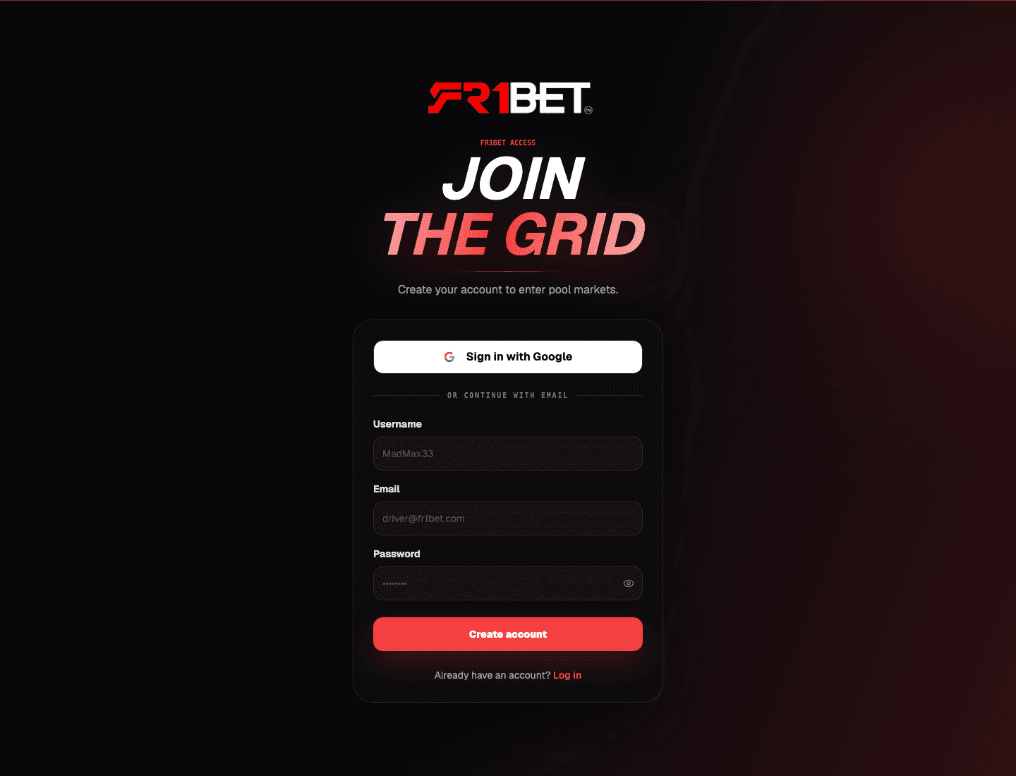 FR1Bet account creation screen